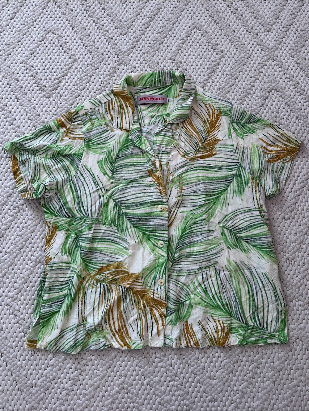 Vintage Jams World Green & Gold Leaf Print Short-Sleeve Shirt XXL
